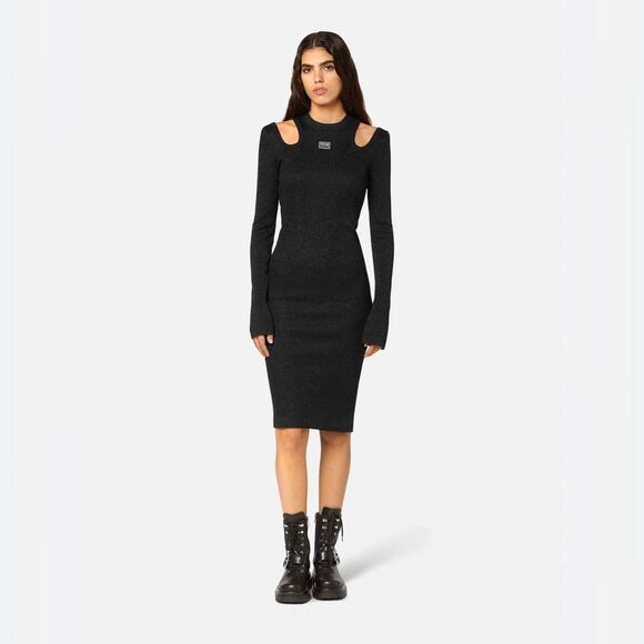 NWT Versace Jeans Couture Black Cut Out Sparkle Bodycon Knitted Midi Dress - Picture 1 of 7